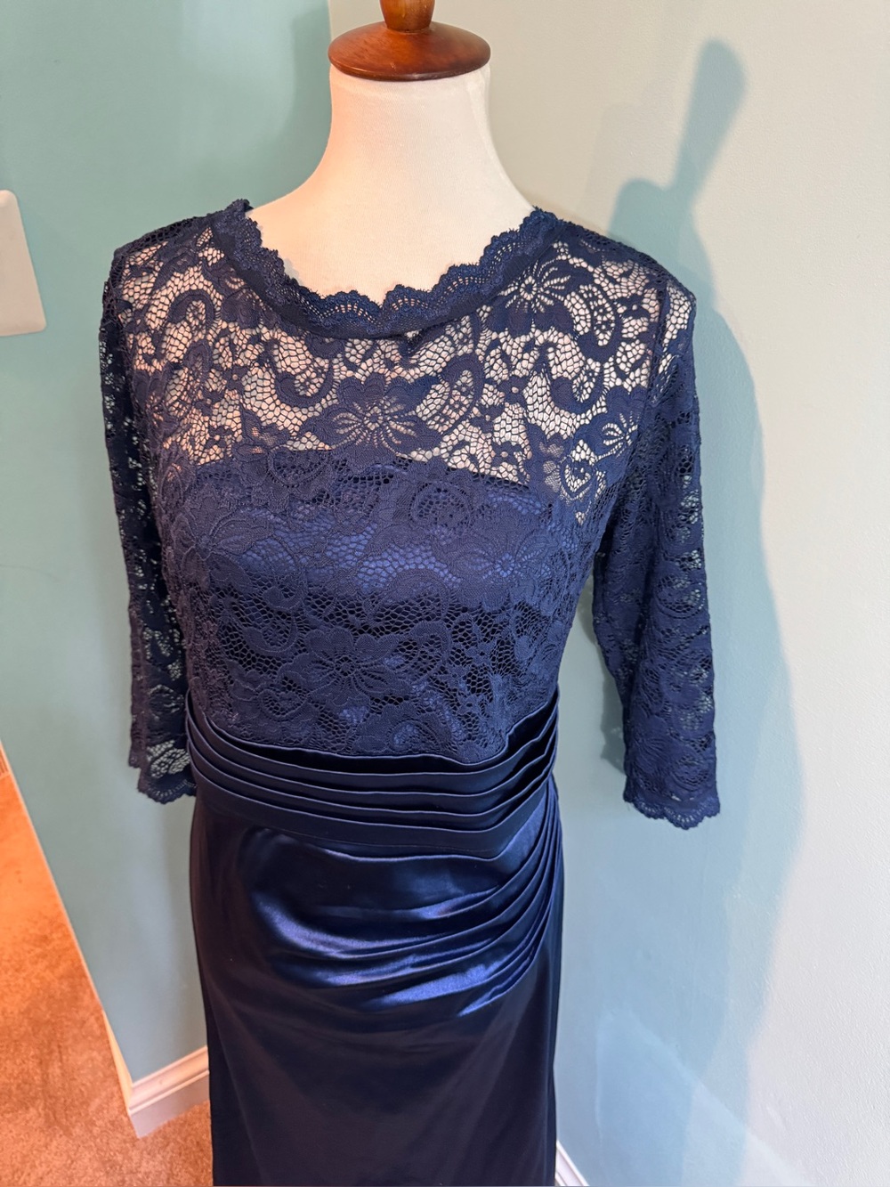 Miusol Navy Lace Overlay Long Sleeve Evening Gown